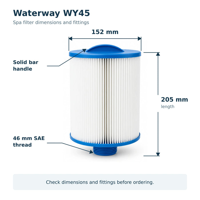 Waterway WY45 spa filter dimensions showing 152 mm diameter, 205 mm length, solid handle and 46 mm SAE thread