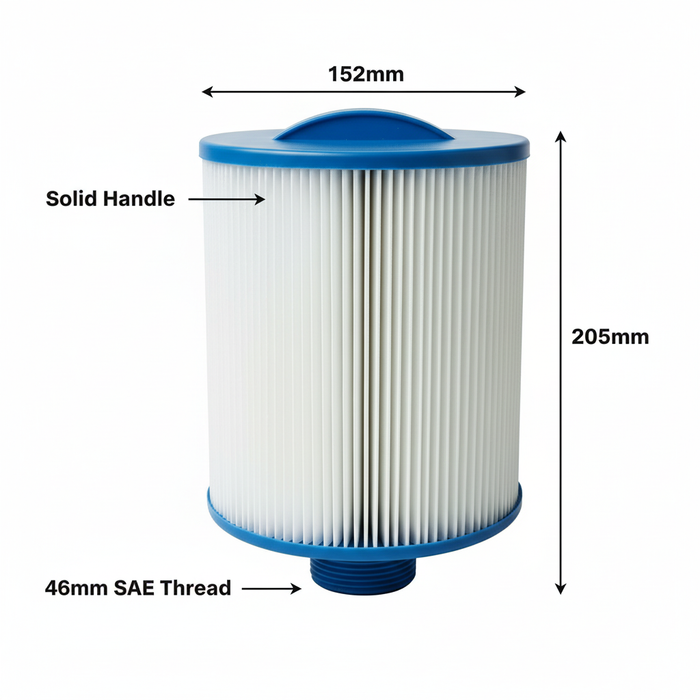 Waterway WY45 spa filter diagram showing 152 mm diameter, 205 mm length and 46 mm SAE thread