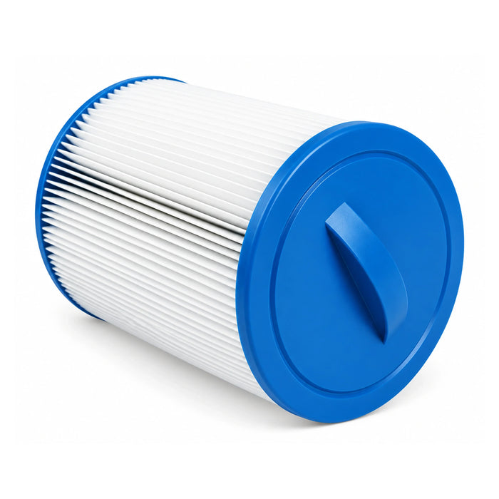 Waterway WY45 spa filter on its side showing the blue closed end cap and solid bar handle