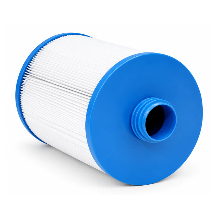 Waterway WY45 spa filter on its side showing the blue 46 mm SAE threaded base and white pleats