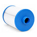 Waterway WY45 spa filter on its side showing the blue 46 mm SAE threaded base and white pleats