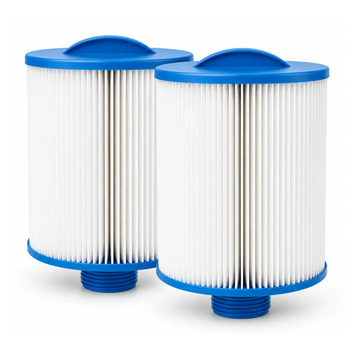 Two Waterway WY45 spa filter cartridges with blue solid handles and threaded bases on a white background