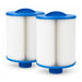 Two Waterway WY45 spa filter cartridges with blue solid handles and threaded bases on a white background