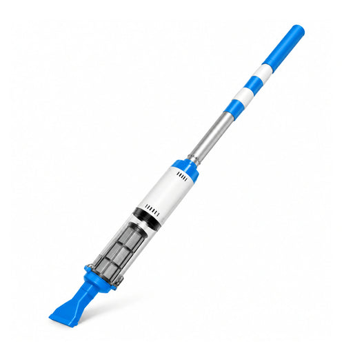 XLeisure rechargeable spa vacuum with a blue and silver telescopic handle, white motor housing, clear mesh collection chamber and blue cleaning nozzle, shown diagonally on white.