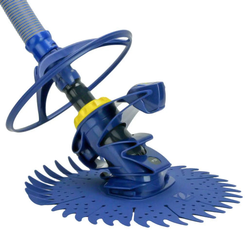 Zodiac T3 suction pool cleaner with blue cleaning disc and hose connection