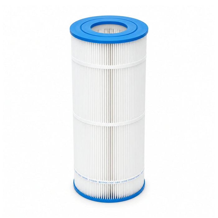 Zodiac CS100 replacement filter cartridge standing upright, with blue open end caps, white pleats and three support bands.