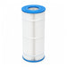Zodiac CS100 replacement filter cartridge standing upright, with blue open end caps, white pleats and three support bands.
