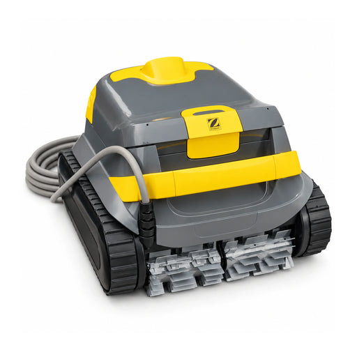 Grey and yellow Zodiac CX50 robotic pool cleaner with its grey cable neatly coiled on a white background.