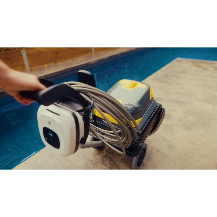 Zodiac CX-series robotic pool cleaner on its caddy with coiled cable