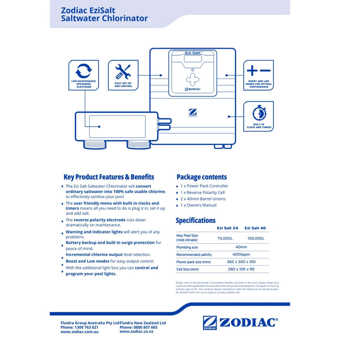 Zodiac Ezi Salt chlorinator information sheet with features, specifications and installation layout