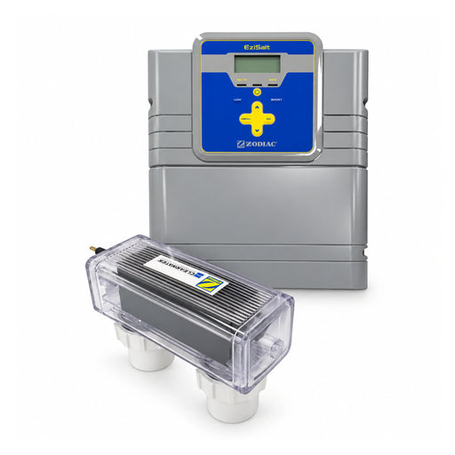 Zodiac Ezi Salt 24 chlorinator controller with blue and yellow controls and a clear rectangular cell with two white unions, shown on white.