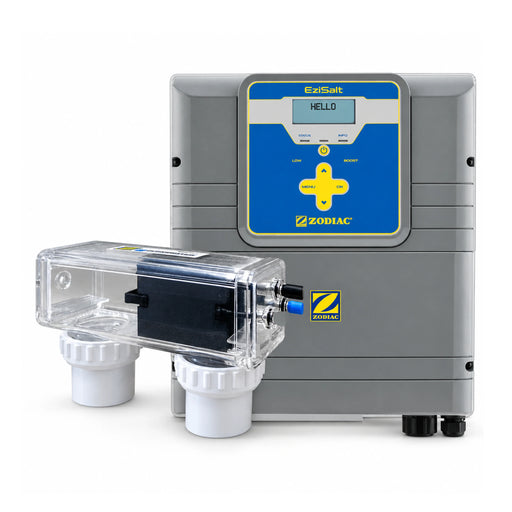 Zodiac Ezi Salt 40 chlorinator controller with blue and yellow controls and a clear cell with two white unions, shown on white.