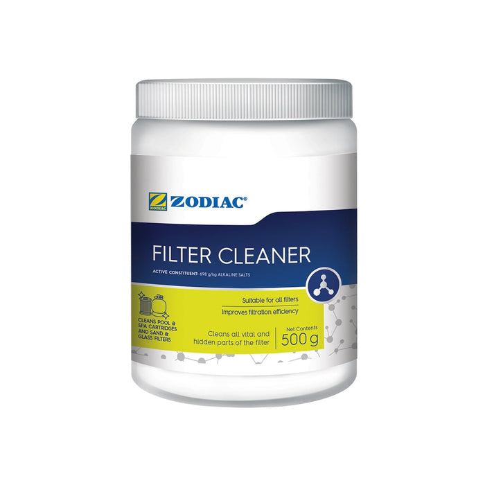 Zodiac Filter Cleaner 500g in a white tub with a blue and yellow-green front label.