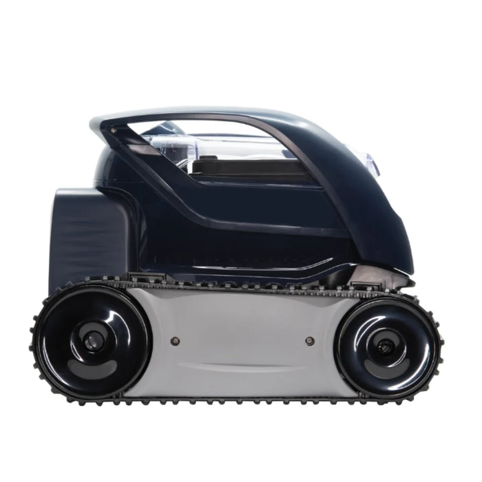 Side view of the Zodiac FreeRider FR200 cordless robotic pool cleaner and its tracks