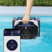 Zodiac FR350 iQ being lifted from the waterline beside a Fluidra Pool app screen