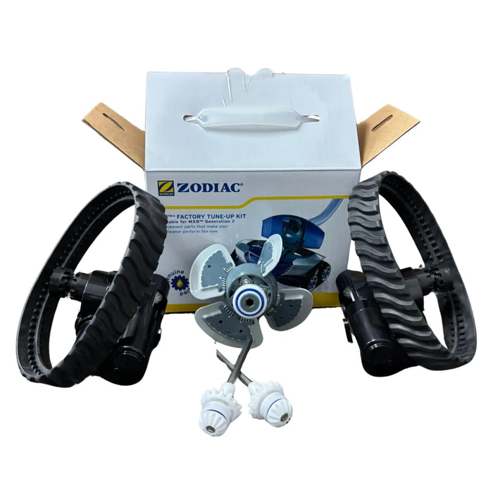 Zodiac suction cleaner tune-up kit with replacement tracks and components arranged beside the box