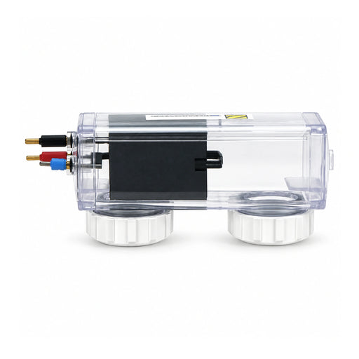 Zodiac R0710800 Ezi Salt 24 replacement cell with clear housing, a short dark electrode pack, two white lower unions and colour-coded terminals.
