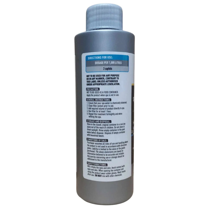 Rear label of Zodiac Spa Natural Clarifier 250 ml, showing product instructions