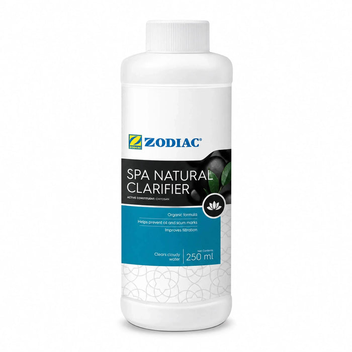 Zodiac Spa Natural Clarifier bottle with white cap and teal label