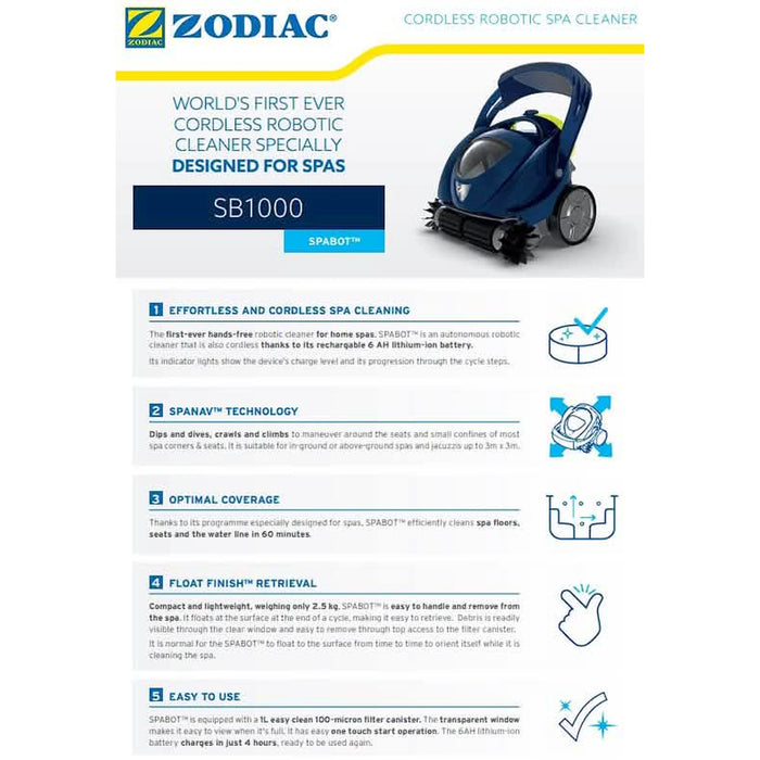 Zodiac Spabot SB1000 cordless robotic spa cleaner infographic with key features and cleaning benefits