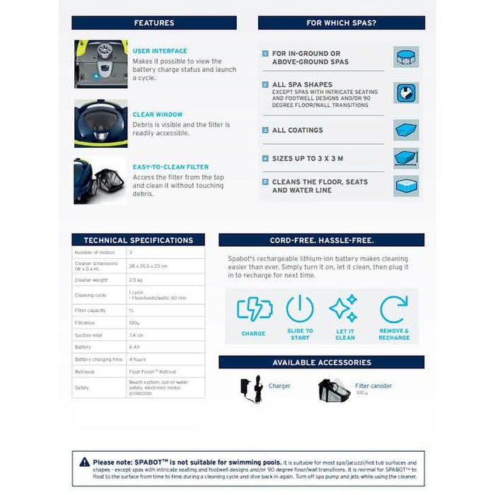 Zodiac Spabot SB1000 spa cleaner infographic showing features, technical specifications and spa compatibility