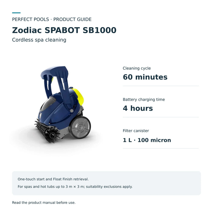 Zodiac SPABOT SB1000 guide showing a 60-minute cycle, 4-hour charging time and 1L 100-micron filter.