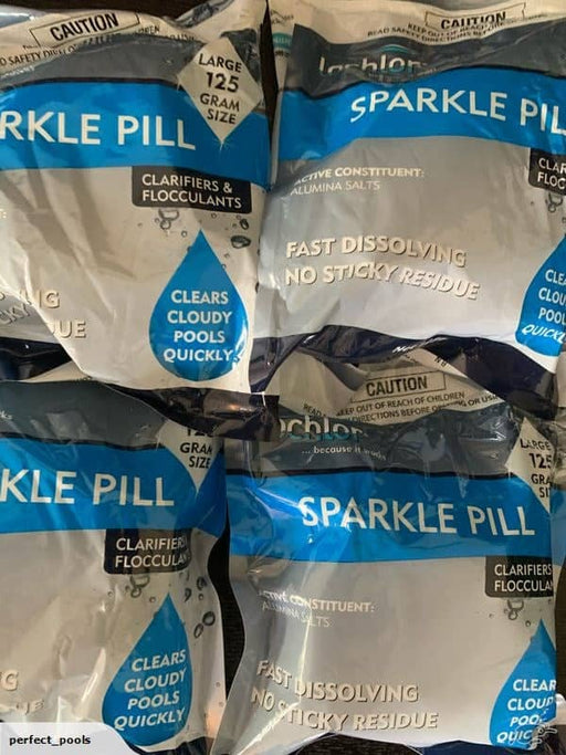Multiple packages of Super Strength Clarifying Tablets for pools, with branding and product information visible.