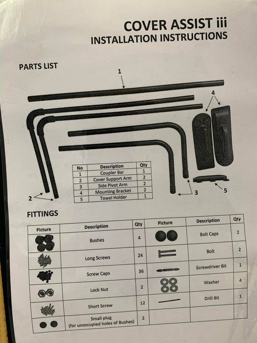 Spa cover lifter parts list sheet showing the cover assist components, fittings and hardware required for installation.