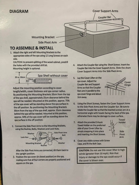 Installation diagram for a spa cover lifter, showing mounting points, support arms and step-by-step assembly instructions.